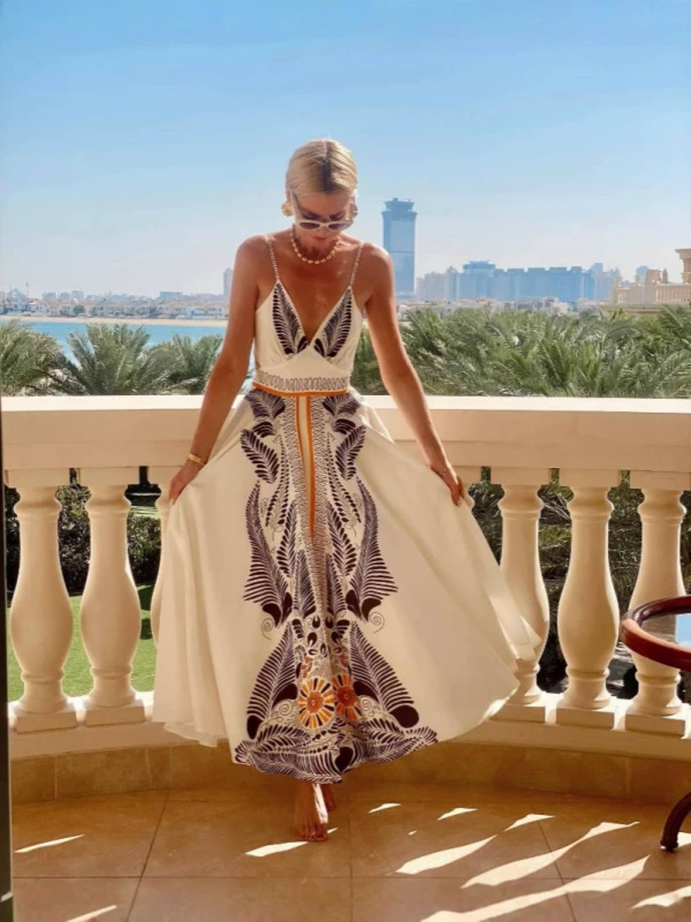 In Stock Summer Open Back Lace Up Printed V Neck Long Elegant Dress